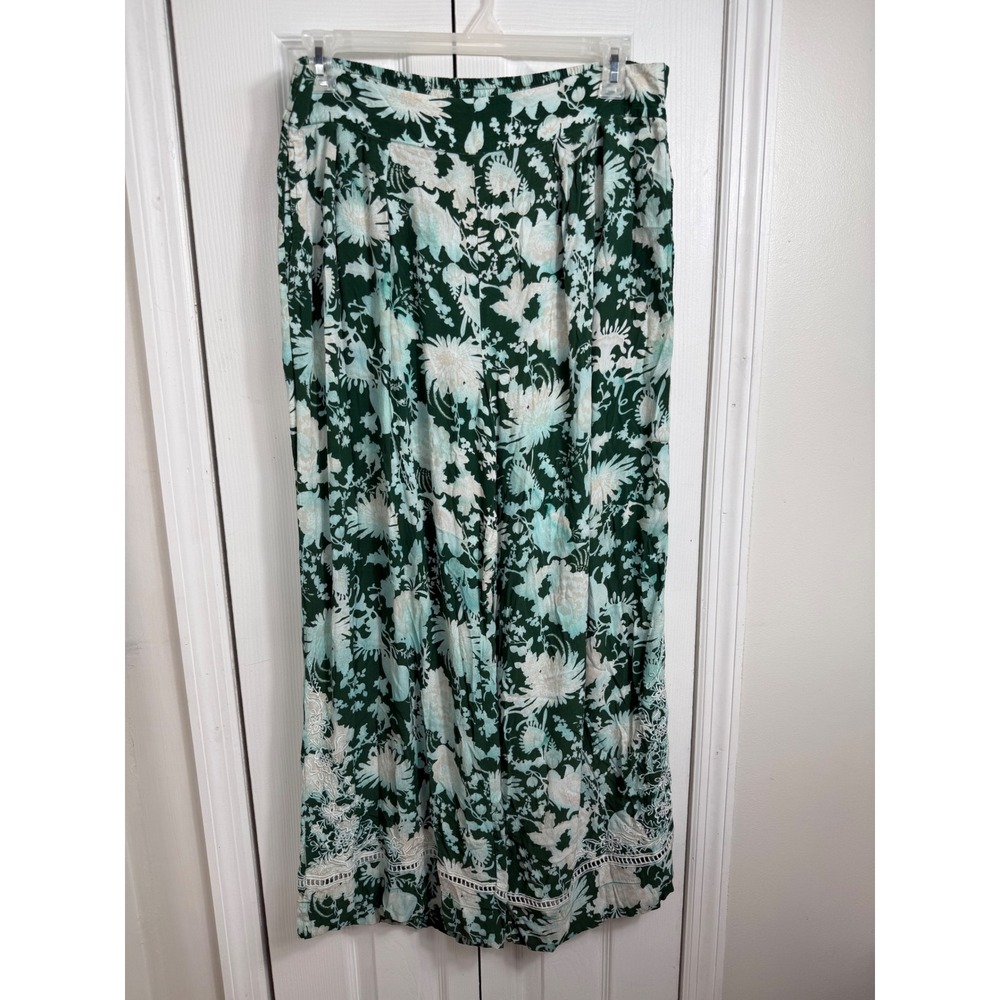 Figue Charlotte Pants Womens XL Green Floral Pleated Wide Leg Embroidered $398